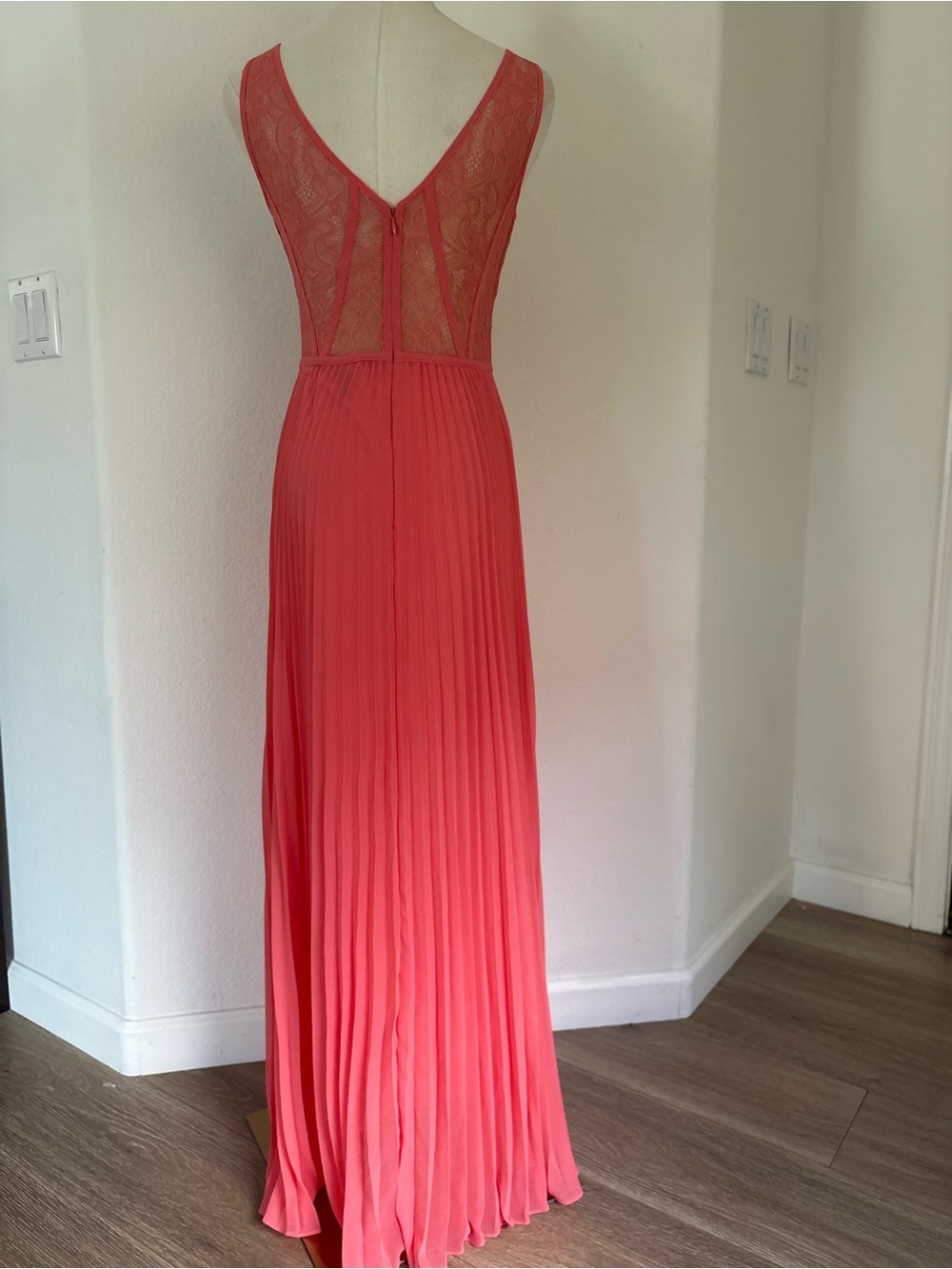 BCBGMaxAzria Coral Lace-Back Pleated Maxi Dress